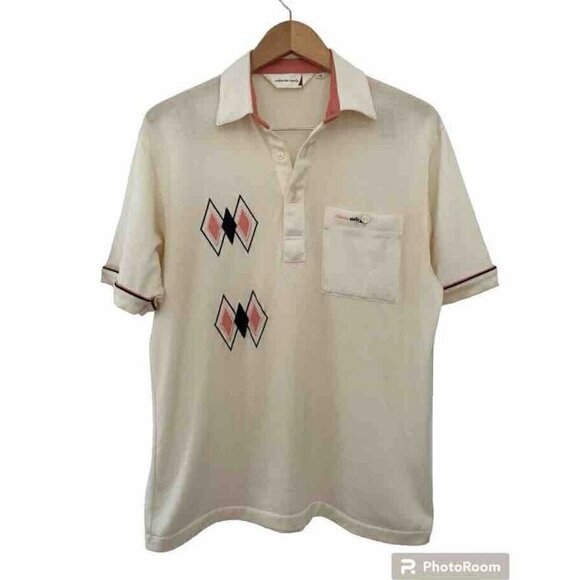 VTG Roberto Carlo Men's Sz M Pullover Polo Shirt Cream with Peach Black Diamonds - Picture 1 of 8
